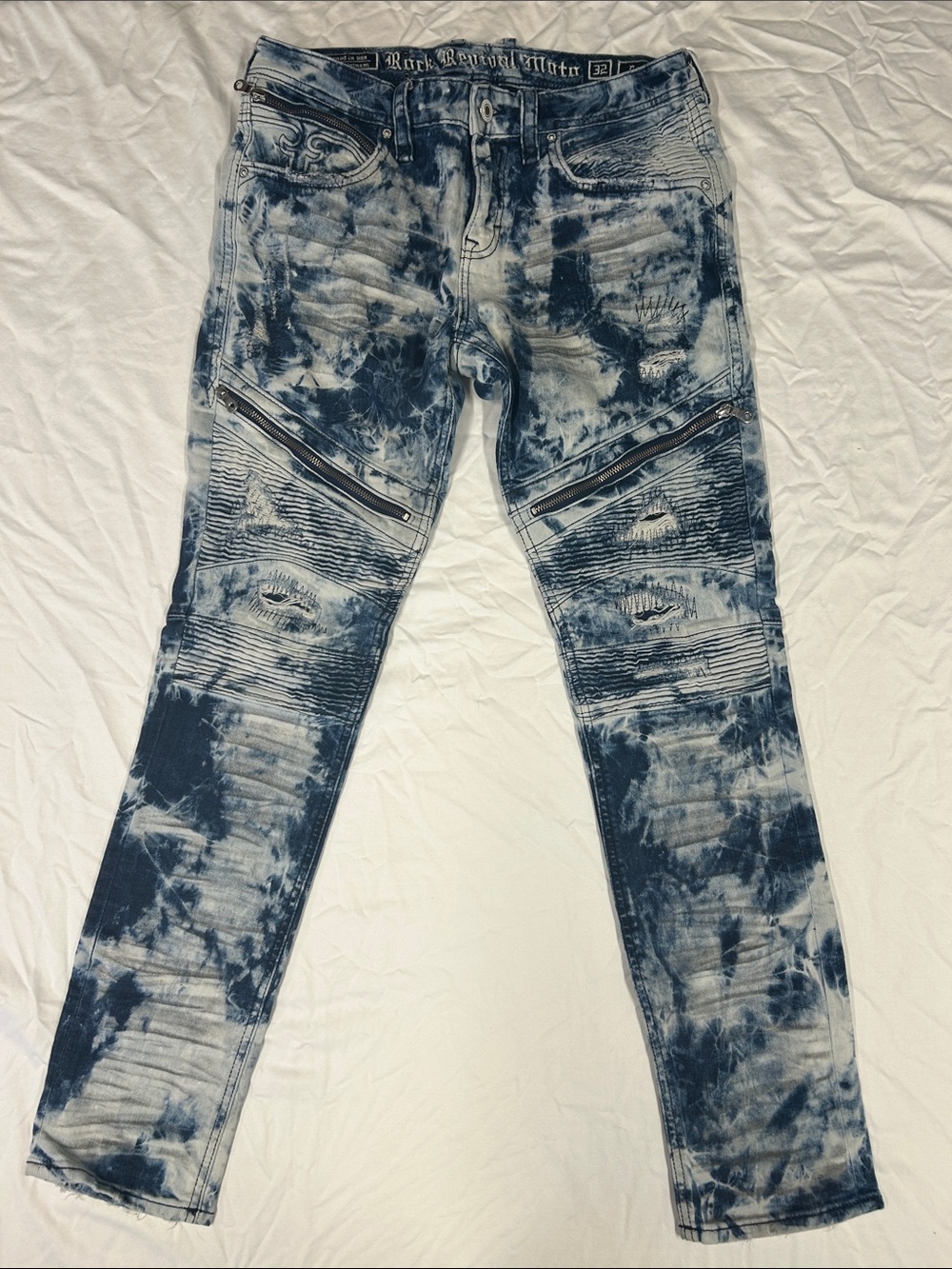 ROCK REVIVAL Moto Daviday Acid Wash Biker Jeans Sz 32 Distressed Zipper